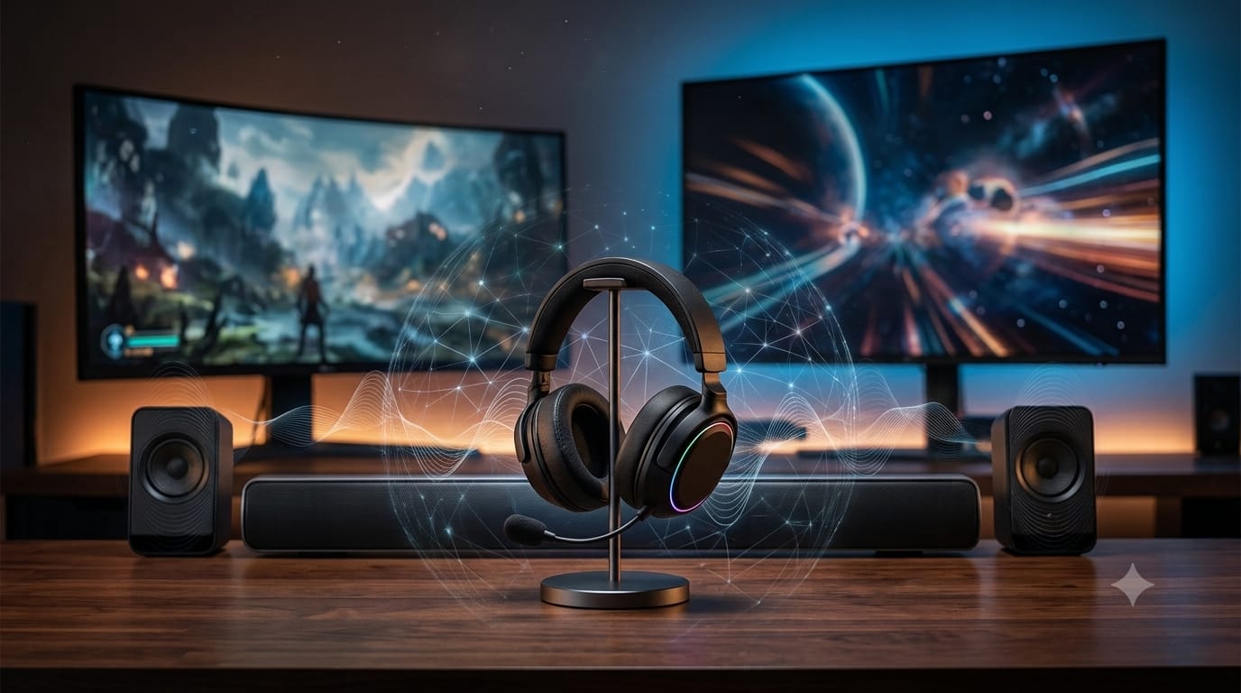 Headset gamer e caixas de som posicionados lado a lado em uma mesa de setup, com ondas sonoras estilizadas