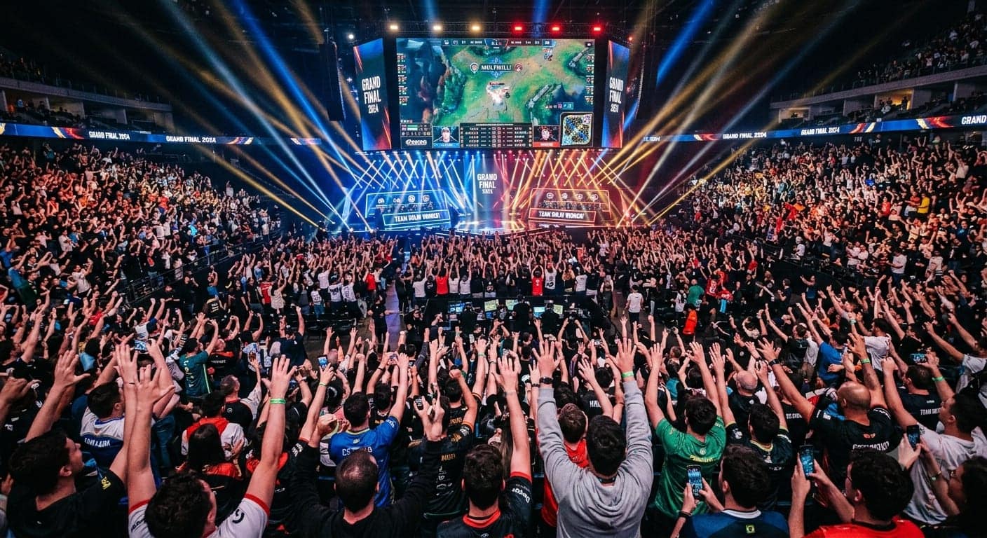 Multidão em arena de esports com braços erguidos assistindo a uma final de campeonato em telão gigante