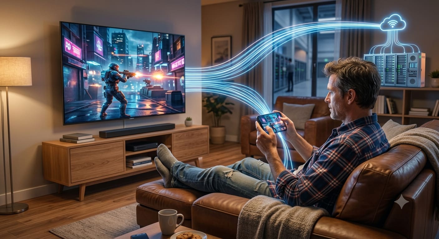 Ilustração de cloud gaming: jogador usando celular conectado a servidores na nuvem, com o jogo espelhado na TV