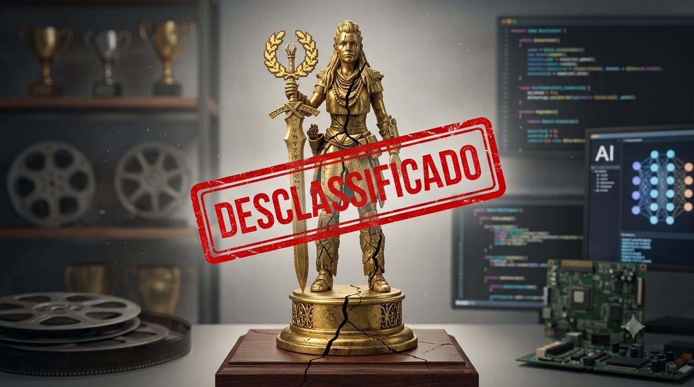Troféu dourado de premiação de jogos com um carimbo vermelho de 'Desclassificado' sobreposto, com telas de código e IA ao fundo