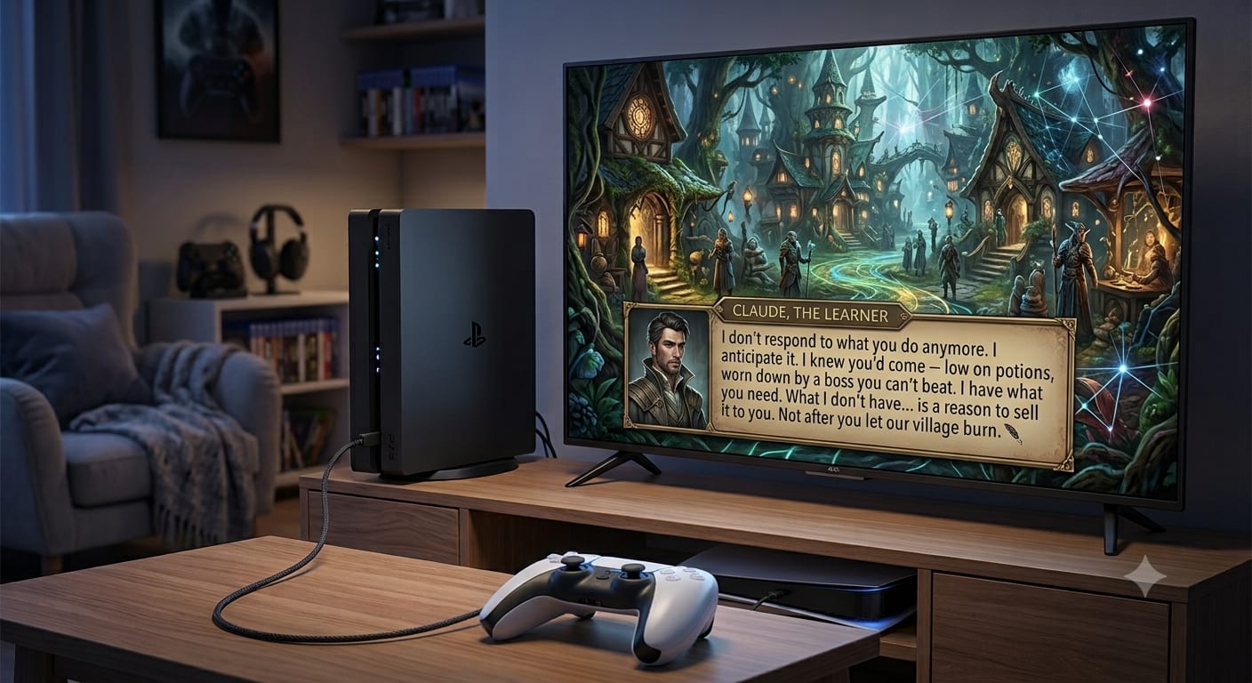 Cena de um console e controle de videogame diante de uma TV exibindo um RPG de fantasia, com uma caixa de diálogo do NPC 'Claude, The Learner'