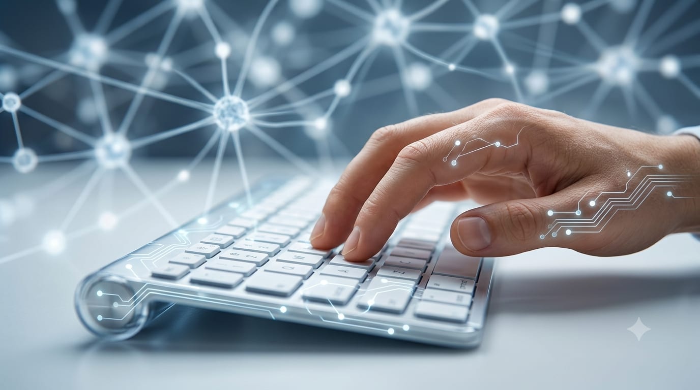 Mão digitando em teclado com uma rede neural digital sobreposta, simbolizando a integração entre trabalho humano e inteligência artificial
