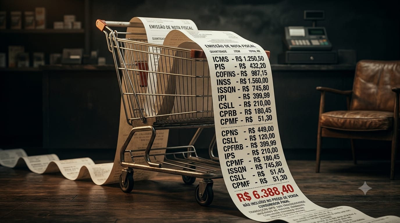 Carrinho de supermercado com um cupom fiscal gigante se desenrolando pelo chão, listando dezenas de impostos como ICMS, PIS, COFINS, INSS, ISSQN e IPI