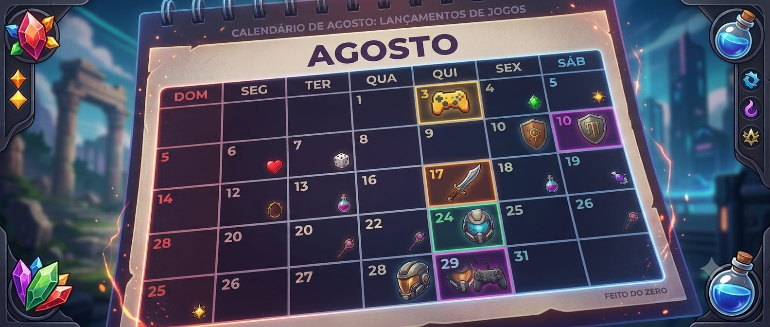 Calendário de agosto ilustrado em estilo fantasia RPG, marcando as datas de lançamento de jogos do mês com ícones de itens
