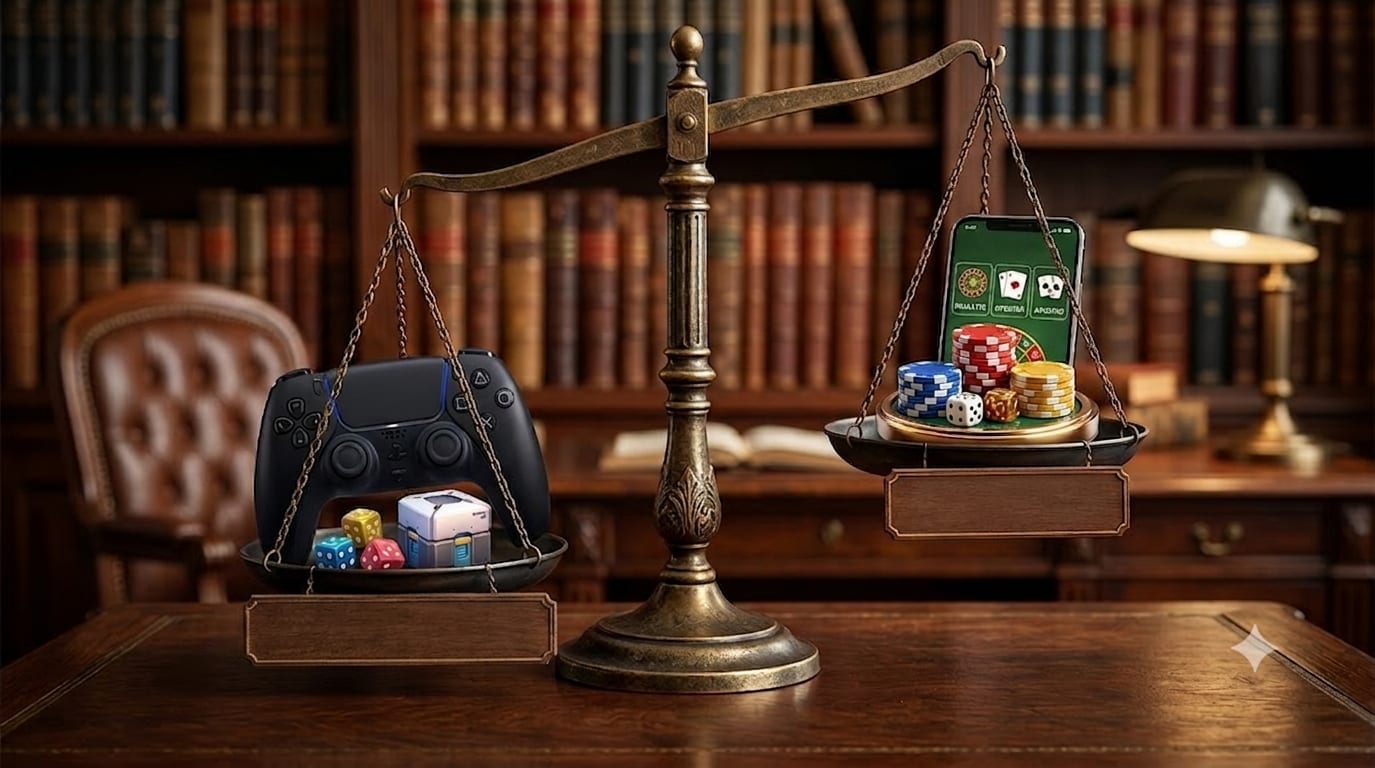 Balança de justiça pesando um controle de videogame com loot boxes de um lado e fichas de apostas com um celular de app de apostas do outro