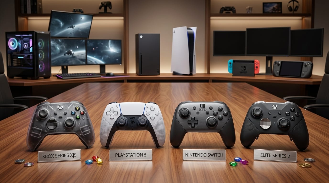 Controles de videogame Xbox, PlayStation 5, Nintendo Switch e Elite Series 2 lado a lado sobre uma mesa