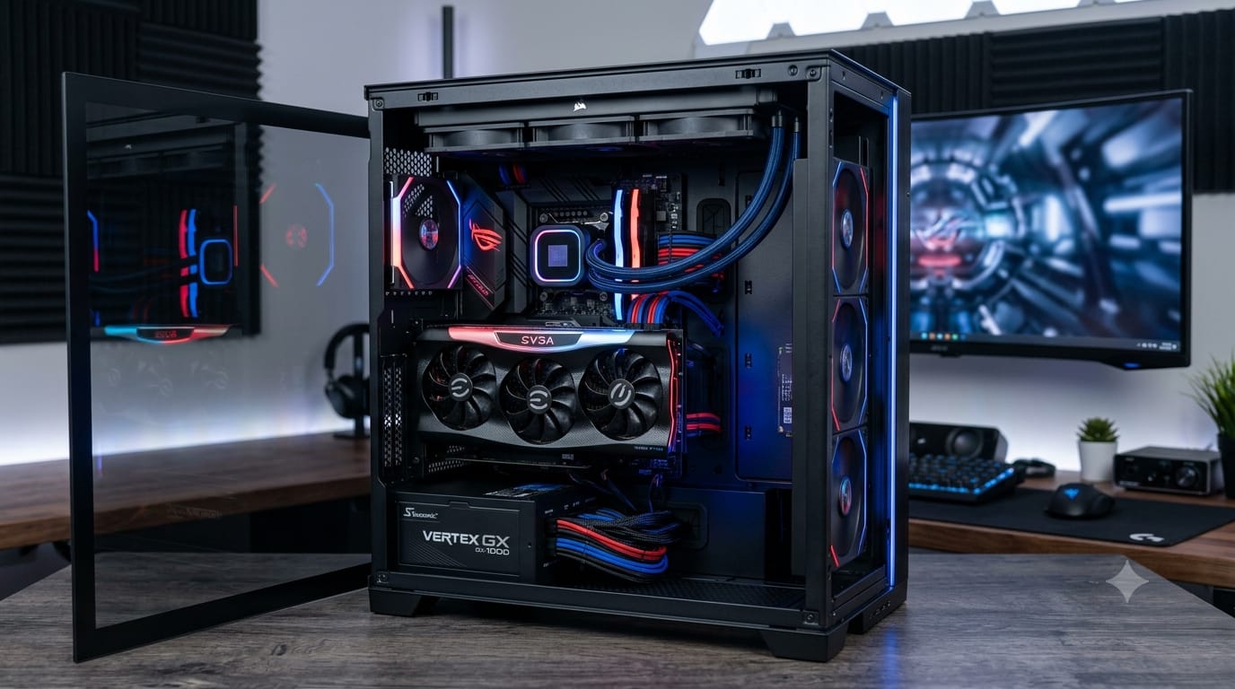 PC gamer de alta performance montado, com gabinete de vidro, water cooler RGB e placa de vídeo topo de linha