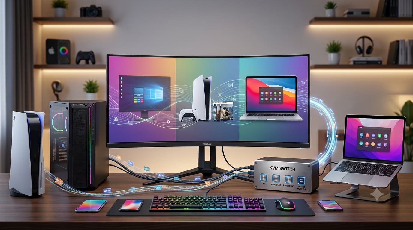 Monitor ultrawide único conectado a PC, console e notebook através de um switch KVM sobre a mesa