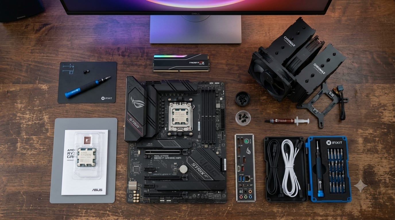 Peças de um PC gamer organizadas sobre uma mesa de madeira: placa-mãe, processador, memória RAM, cooler e ferramentas de montagem