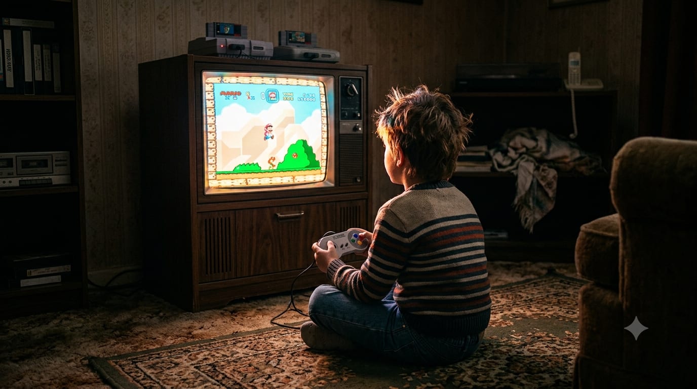 Criança sentada no chão jogando Super Nintendo numa TV de tubo antiga, em um quarto escuro e aconchegante