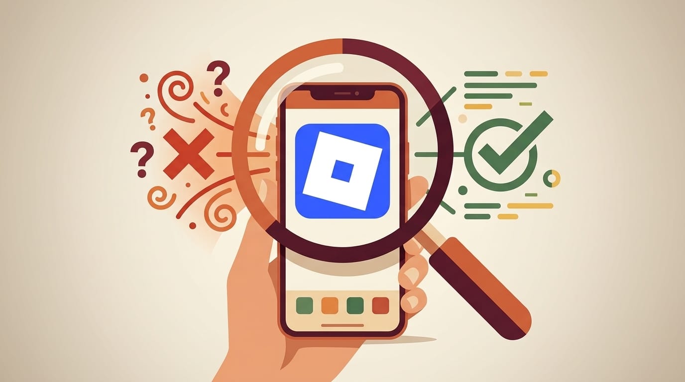 Ilustração de um celular com o ícone do Roblox sendo examinado por uma lupa, cercado de símbolos de alerta e aprovação