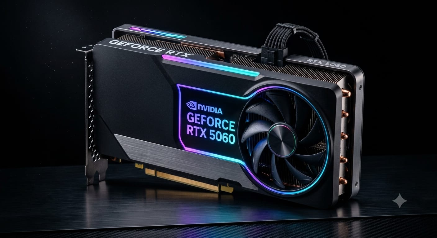 Placa de vídeo Nvidia GeForce RTX 5060 iluminada em azul e roxo sobre fundo escuro