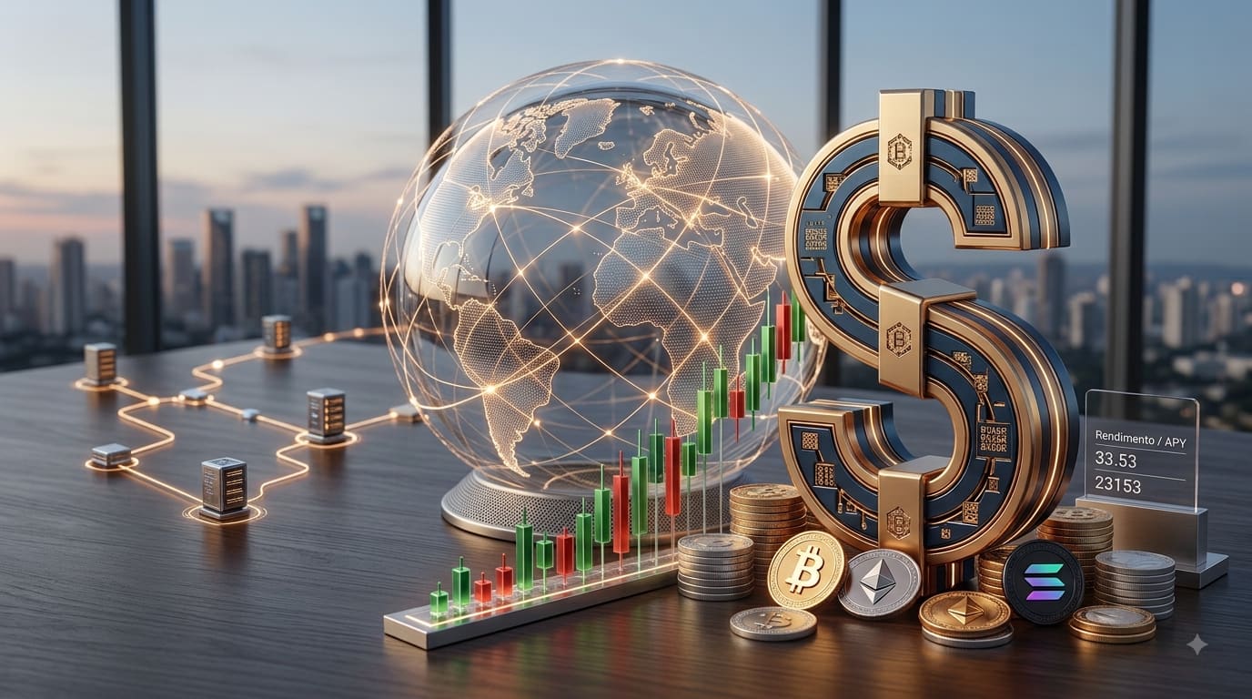 Ilustração conceitual de um globo de rede blockchain ao lado de um cifrão dourado e moedas de criptomoedas, com gráfico de rendimento