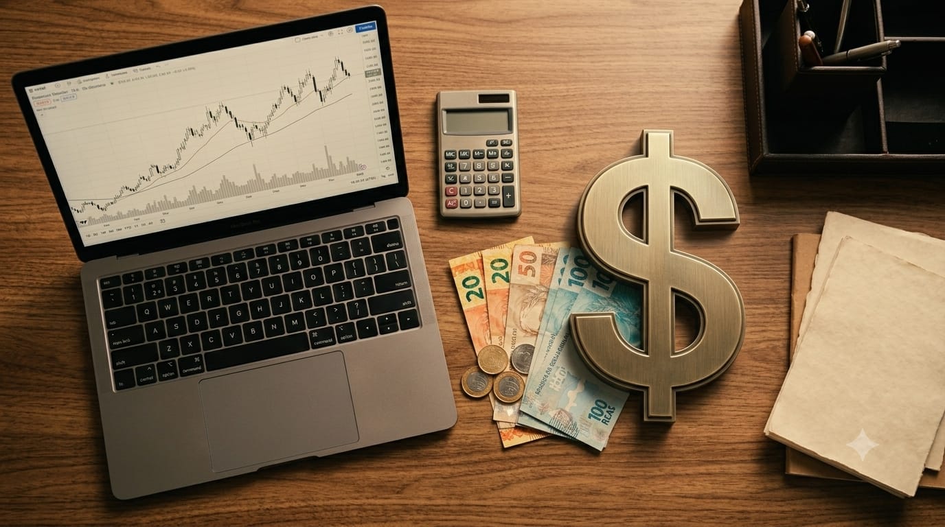 Notebook exibindo gráfico financeiro ao lado de dinheiro em reais, uma calculadora e um símbolo de dólar sobre uma mesa de madeira