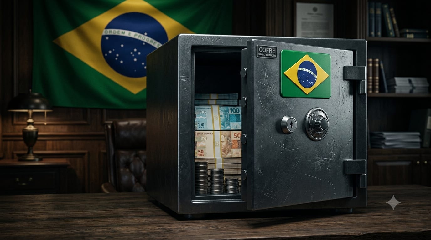 Cofre de aço com dinheiro brasileiro dentro, ao lado de uma bandeira do Brasil