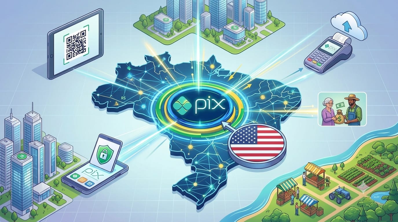 Ilustração do Pix conectando o mapa do Brasil a bandeira dos Estados Unidos, com maquininha de cartão e QR code