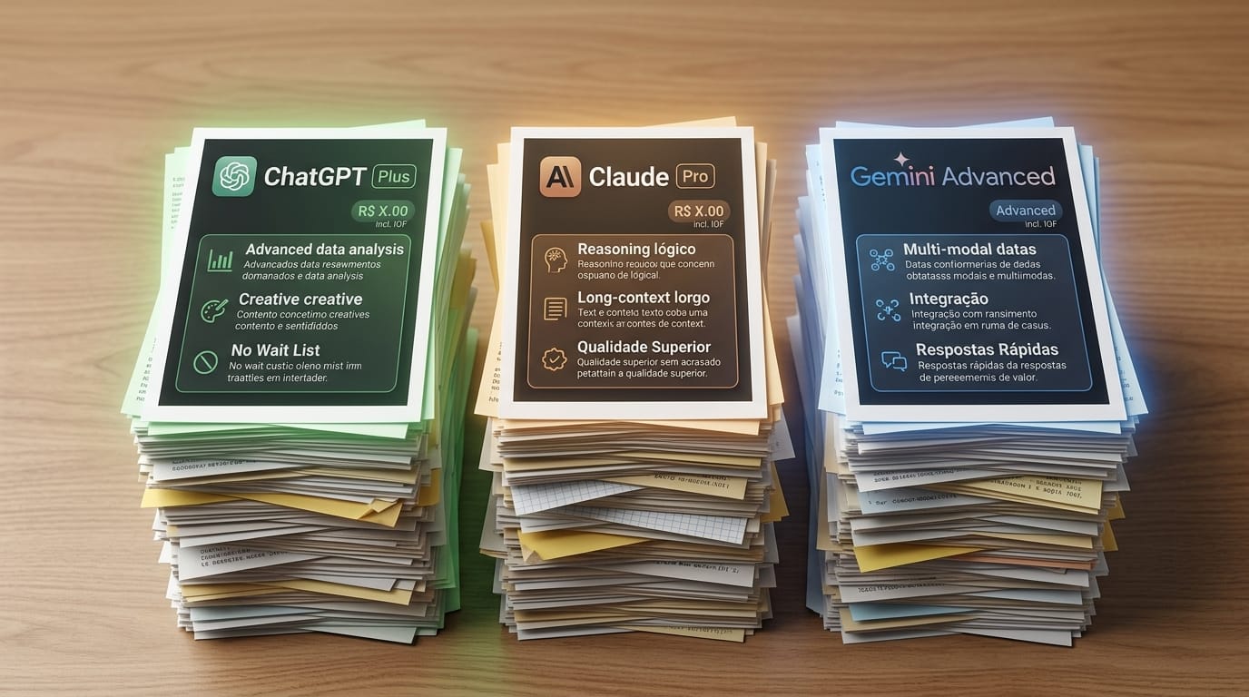 Comparativo visual entre os planos pagos de ChatGPT Plus, Claude Pro e Gemini Advanced em cartões empilhados
